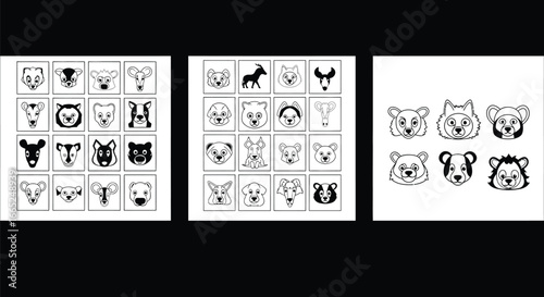 Animal faces in black and white drawings displayed in three separate square arrangements on white