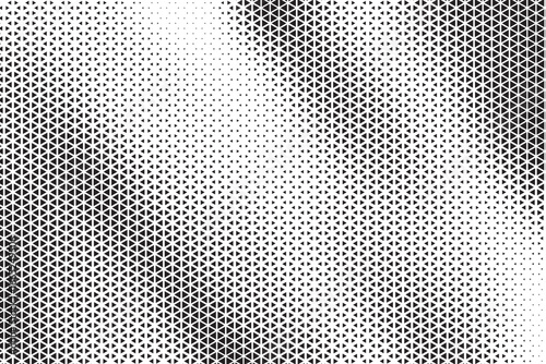 Triangular Halftone Texture Retrowave Vector Geometric Technology Abstract Background. Half Tone Triangles Retro Colored Pattern. Minimal 80s Style Dynamic Tech Structure Wallpaper.