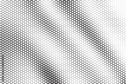 Triangular Halftone Texture Retrowave Vector Geometric Technology Abstract Background. Half Tone Triangles Retro Colored Pattern. Minimal 80s Style Dynamic Tech Structure Wallpaper.