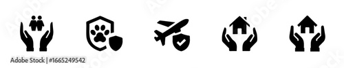 Insurance icons showing hands protecting people pet house airplane home protection