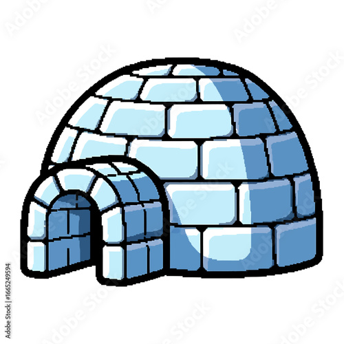 Cartoon illustration of a blue and white igloo with a rounded dome shape and entrance, outlined in black.
