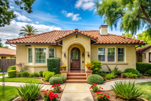 Charming Yellow House with Red Tile Roof and Landscaping