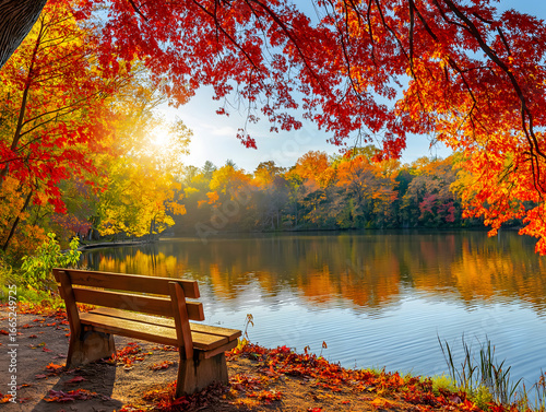 Lebendige Herbstlandschaft mit bunten Bäumen in Rot, Orange und Gelb, einer Holzbank am ruhigen See, Spiegelung der Blätter im Wasser und goldenem Sonnenlicht mit langen Schatten