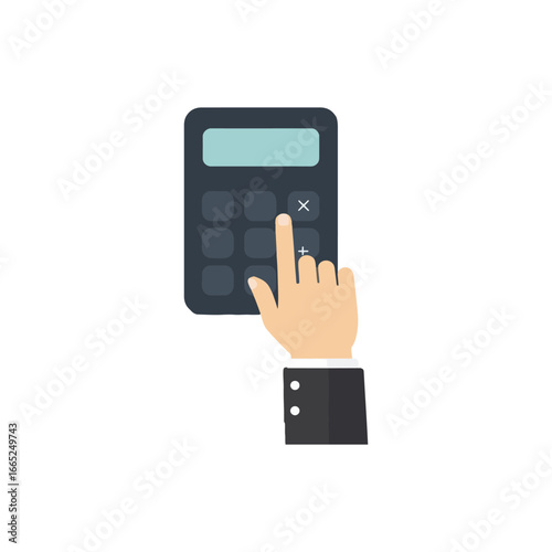 Hand pressing a button on a calculator, illustrating calculation or financial management.