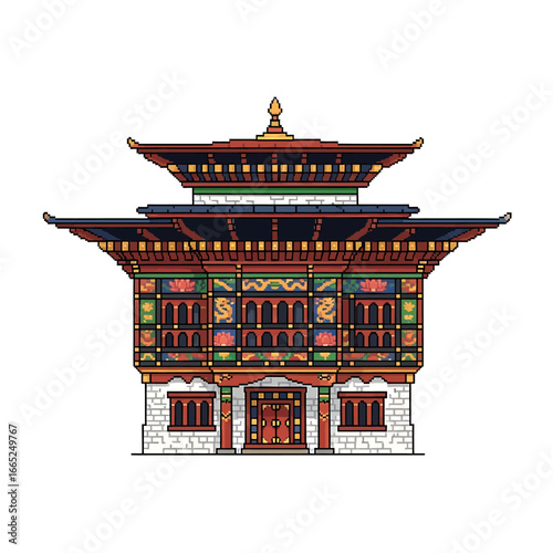 Colorful pixel art illustration of a Bhutanese temple facade.