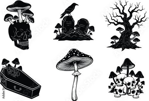 Mystical halloween silhouette collection featuring skull mushrooms coffins and a raven