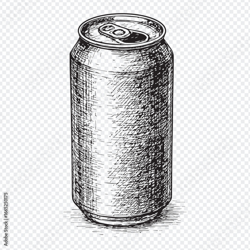 Vintage Hand-Drawn Soda Can Illustration – Black and White Etching Style for Beverage Packaging Concepts