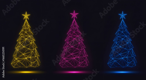 Glowing neon Christmas trees in yellow, pink, and blue for holiday celebration and design