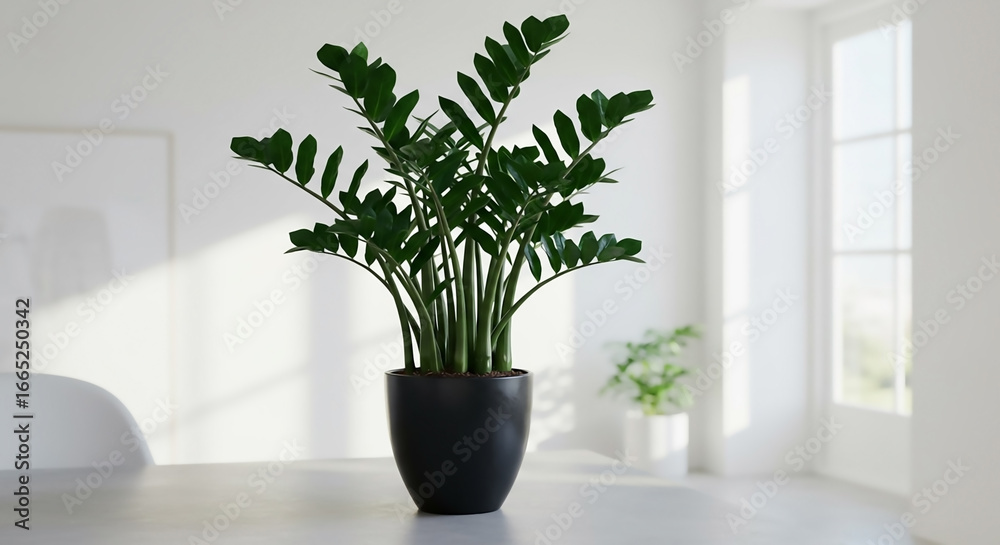 Fototapeta premium Stylish Air-Purifying Indoor Plant Thriving ZZ Plant with Glossy Emerald Leaves in Minimalist Office
