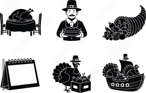 Silhouette icons set celebrating thanksgiving pilgrims history harvest feast and travel