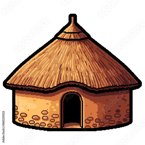 A round thatched hut, earthen walls, single entrance, traditional African dwelling.
