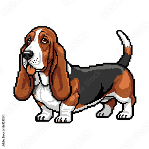 A pixelated illustration of a Basset Hound dog standing, featuring its distinctive long ears.