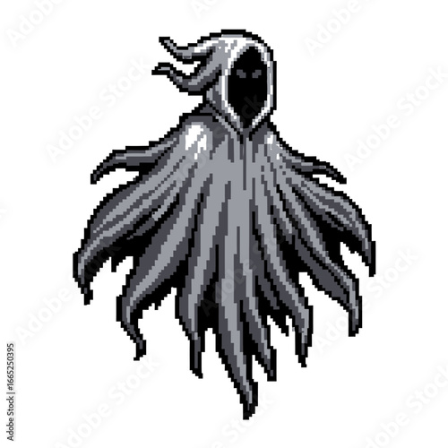 A pixelated illustration of a spectral figure, draped in a flowing, hooded cloak.
