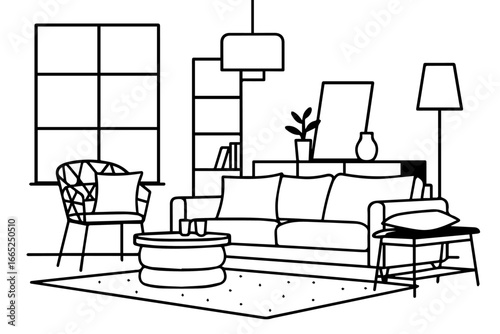 Living Room Interior with Sofa and Furniture Line Art Illustration