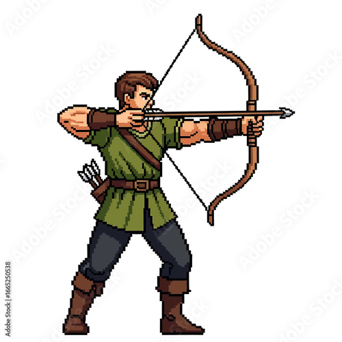 Pixelated archer drawing a bow and arrow, aiming with focus and determination, ready to shoot.