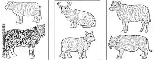 Coloring page featuring outlined animals with unique patterns in three separate panels displayed