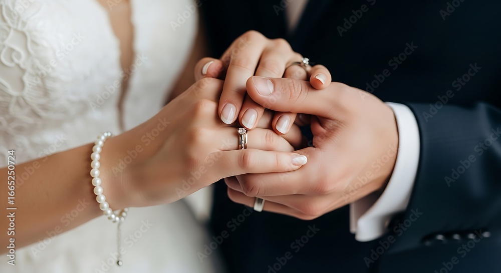 Fototapeta premium Newlywed Couples Hands Clasped Together with Wedding Rings in a Symbol of Love and Commitment on Wedding Day