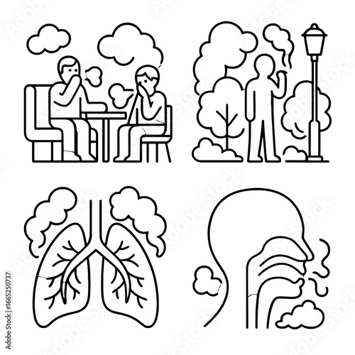 Outline icons of smoking habits and health effects in urban environments