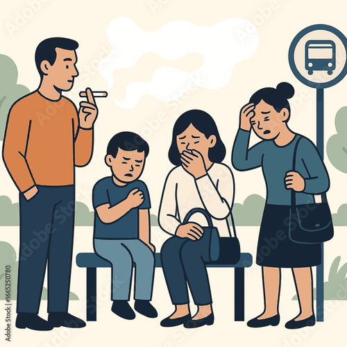 Family at bus stop dealing with secondhand smoke in cartoon style