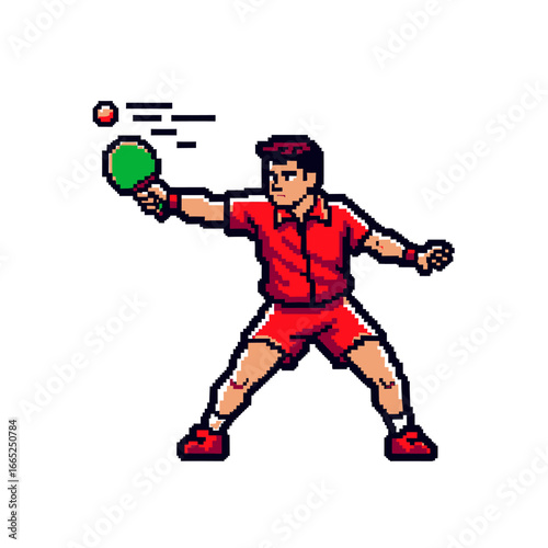 Pixel art illustration of a man in red sportswear playing table tennis, hitting a ball with a green paddle.