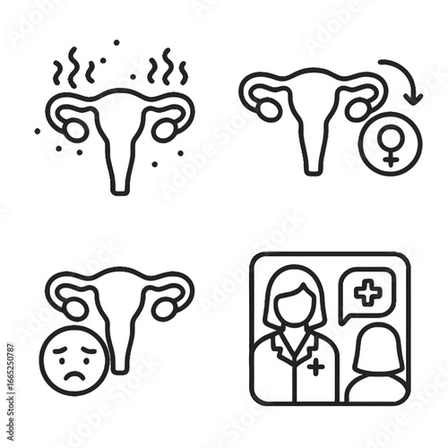 Menstrual health awareness icons: uterus and consultation in line art