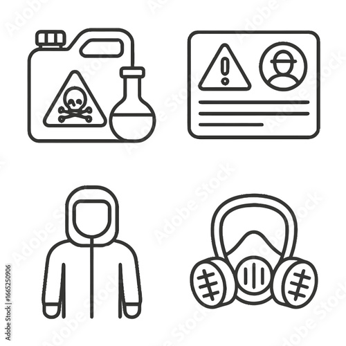 Safety icons: hazardous materials and protective gear in modern thin-line style