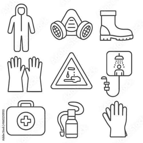 Safety gear icons set featuring protective equipment for industrial environments in linear style