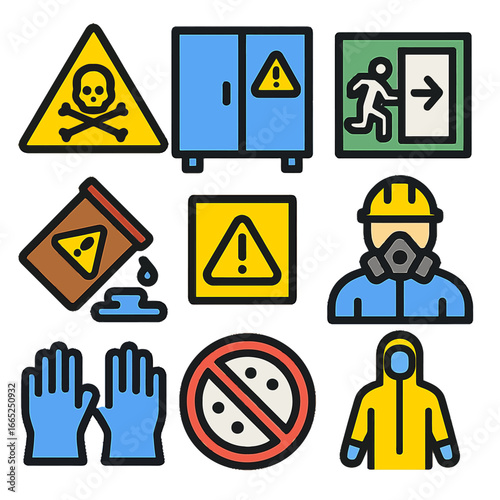 Safety icons collection: industrial and hazard precautions in colorful flat design