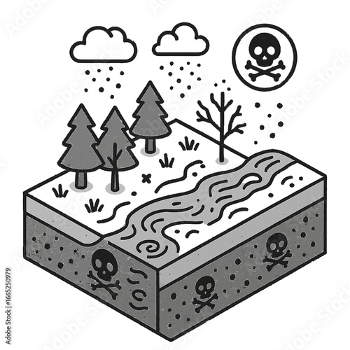Isometric monochrome environmental pollution scene with toxic symbols