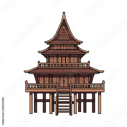 A meticulously drawn illustration of a traditional tiered Asian wooden house on stilts.