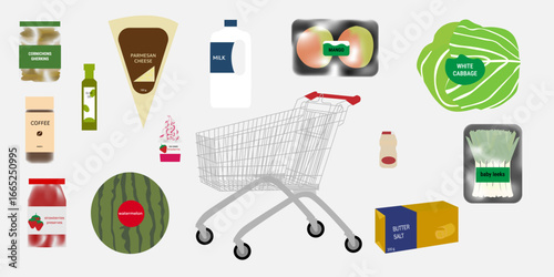 groceries shopping basket with butter, fruits, milk, jam and vegetables.	
