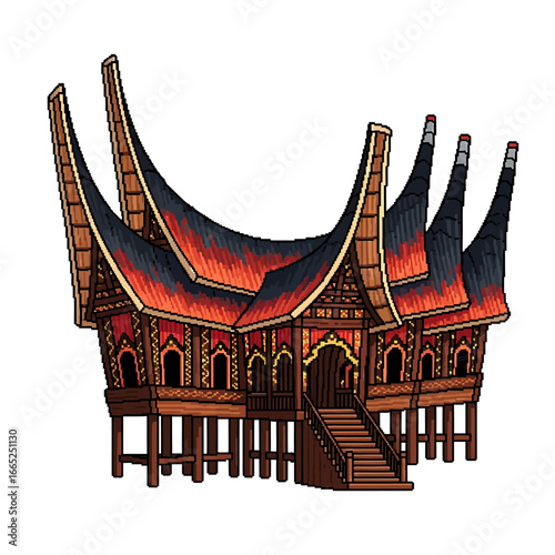 A detailed illustration of a traditional Indonesian Rumah Gadang house with elaborate roof structures and wooden stilts.