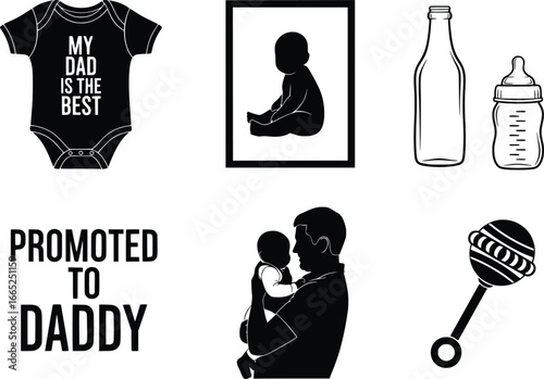 Newborn baby silhouette set featuring bodysuit rattle bottle and father holding child promoted to daddy message