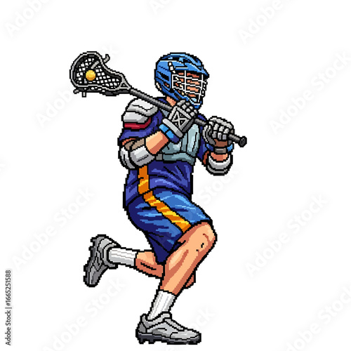 A lacrosse player in action, running with his stick, ready to pass or shoot.