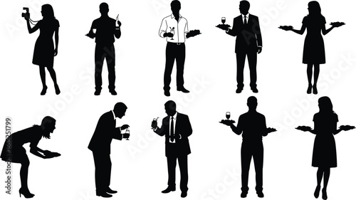 Silhouettes of Restaurant Staff and Guests Engaged in Serving, Dining, and Hospitality Activities for Culinary, Service, and Food Industry Vector Illustration