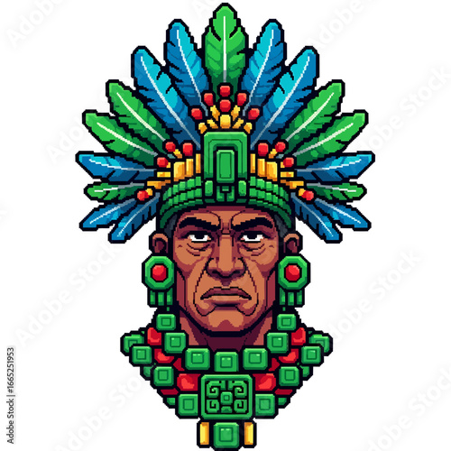 Pixel art illustration of a Mayan or Aztec man wearing a colorful headdress and jewelry.