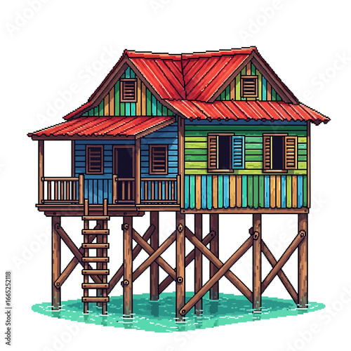 Colorful pixel art depiction of a vibrant stilt house, showcasing a tropical design.