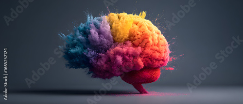 Rainbow human brain explosion, cognitive overload, ceative inspiration, world ental health day, psycholoy and neurology concept