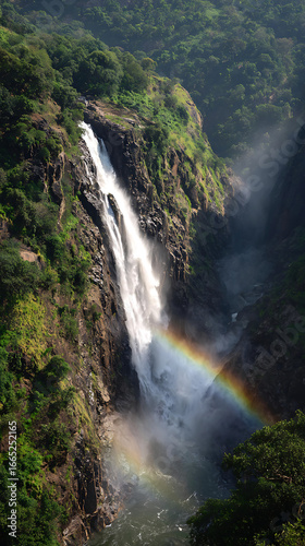 Majestic waterfall cascades through lush landscape creating a vibrant rainbow in the afternoon sunlight
