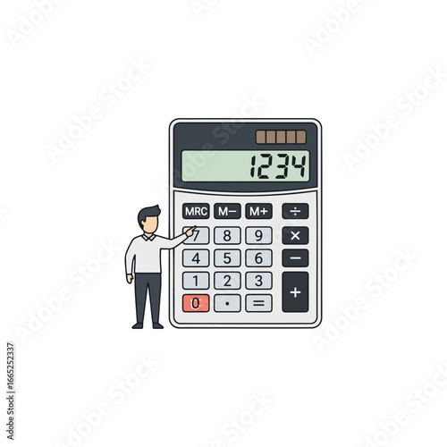 Man using a large calculator, displaying the number 1234, simple illustration style.