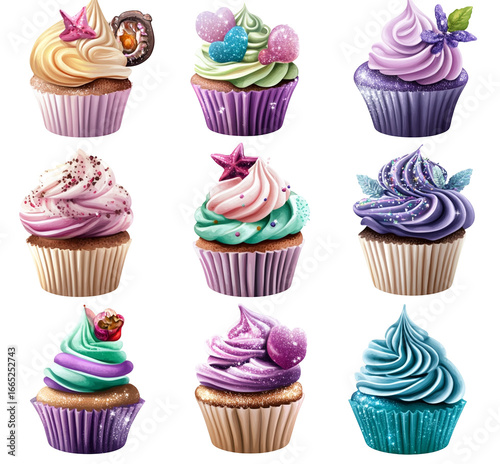 Colorful assorted cupcakes with cute decorative toppings perfect for birthdays and celebrations design elements