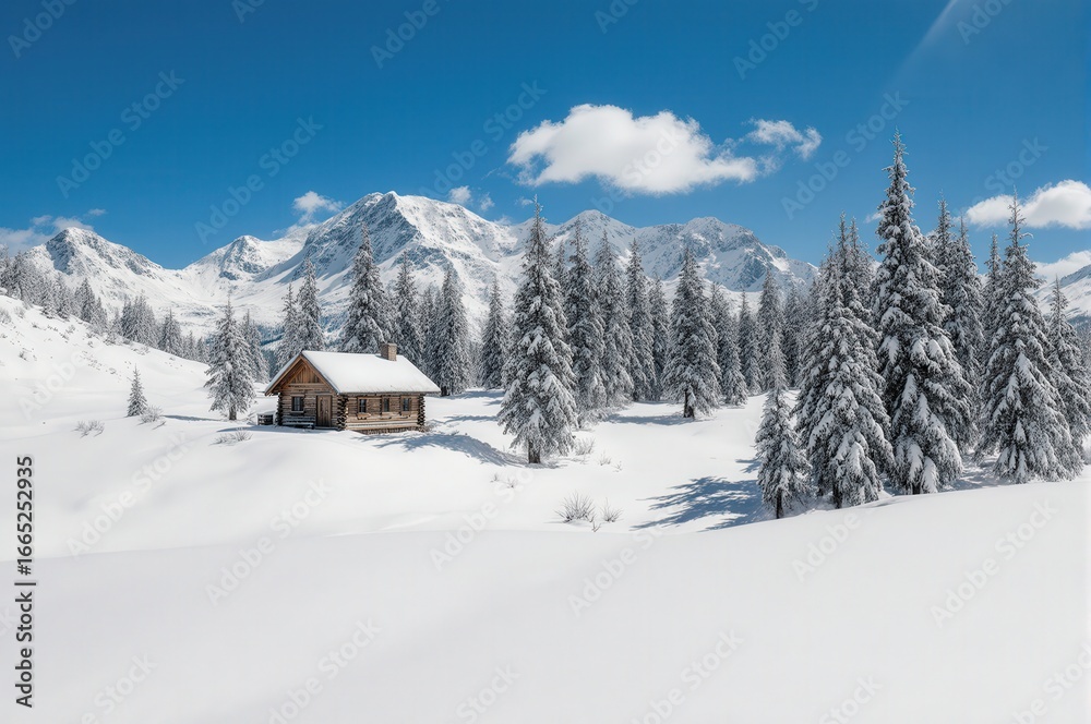 Fototapeta premium Snow-Covered Cabin Amidst Winter Landscape with Snowy Mountains and Pine Trees