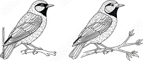 Two lark bunting birds perched on branches detailed monochrome line art illustration on white background