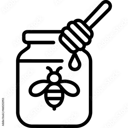 Honey jar with bee and dipper outline vector