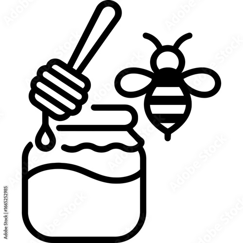 Honey jar with bee and dipper outline vector