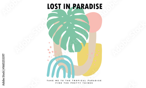 Tropical leaf. Lost in paradise. Beach modern abstract art. Summer vibes artwork. Tropical abstract art design.