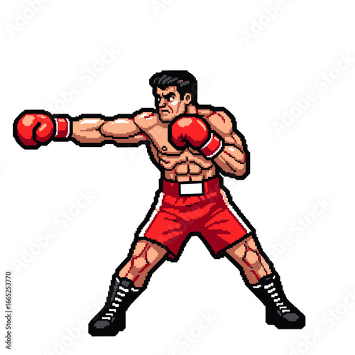 A powerful boxer throws a forceful punch, showcasing his muscular physique and determined expression in a pixel art style.