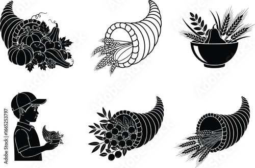 Silhouette cornucopia designs of bounty harvest wheat grapes leaves and autumn celebrations