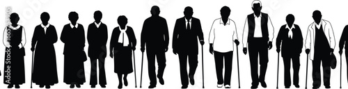 Silhouettes of elderly people walking with canes, showcasing aging, mobility support, senior lifestyle, retirement health care, and mature individuals.