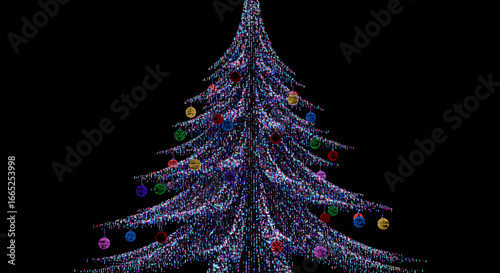 Stunning abstract Christmas tree with colorful ornaments on a black background, festive design